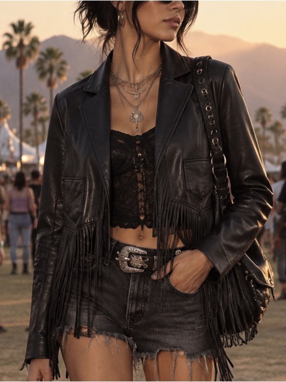 🖤MAKE OFFER🖤 Cusp Neiman Marcus Black Fringe Leather Boho Crop Fest Jacket MED